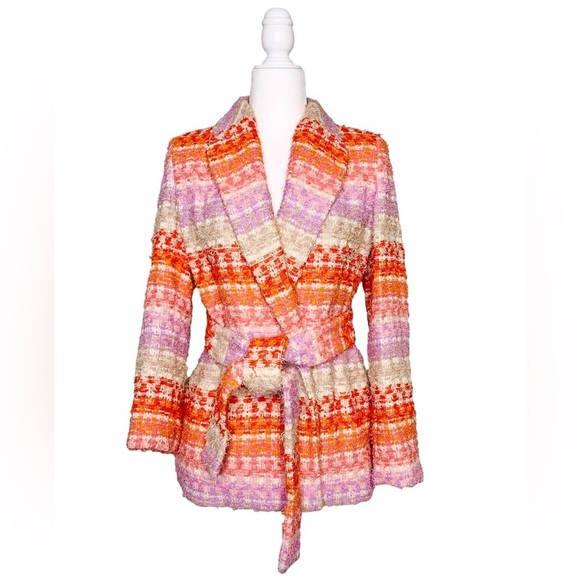 Markarian Rainbow Belted Tweed Blazer Jacket‎ - Orange Pink Cream Striped - Picture 3 of 6
